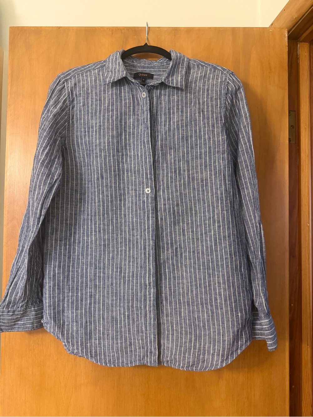 NWOT Quince Women's Navy Blue & White Striped Linen Button-Down Shirt
